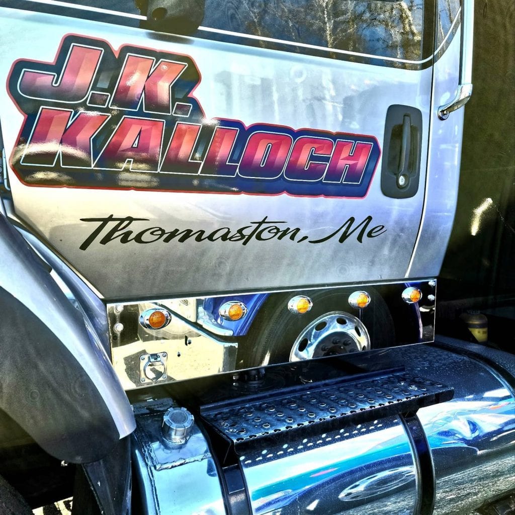 photo of big rig truck cab door with j.k. kalloch thomaston, me printed on it
